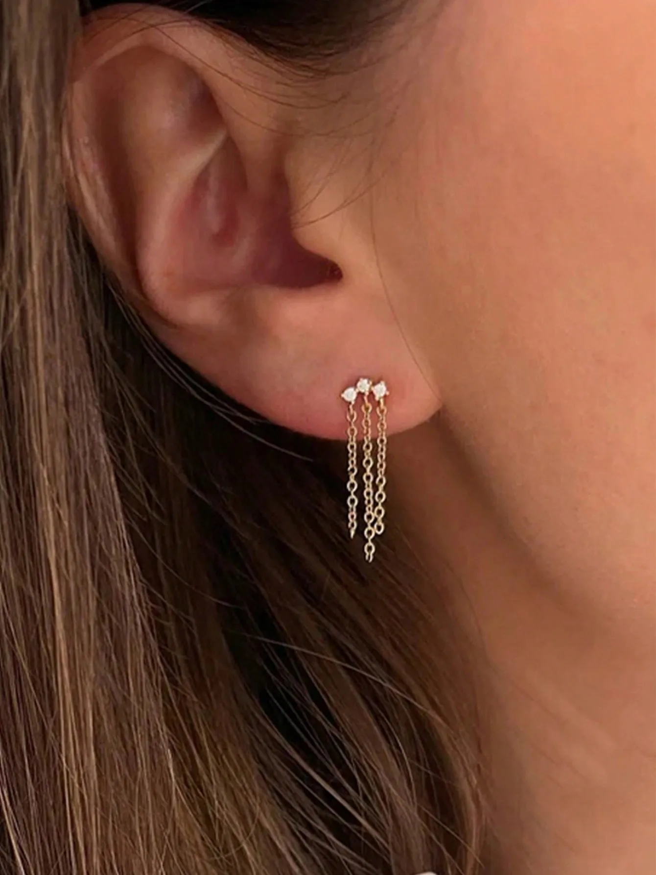 Three Tassel Chain Gold Earrings with Zirconias