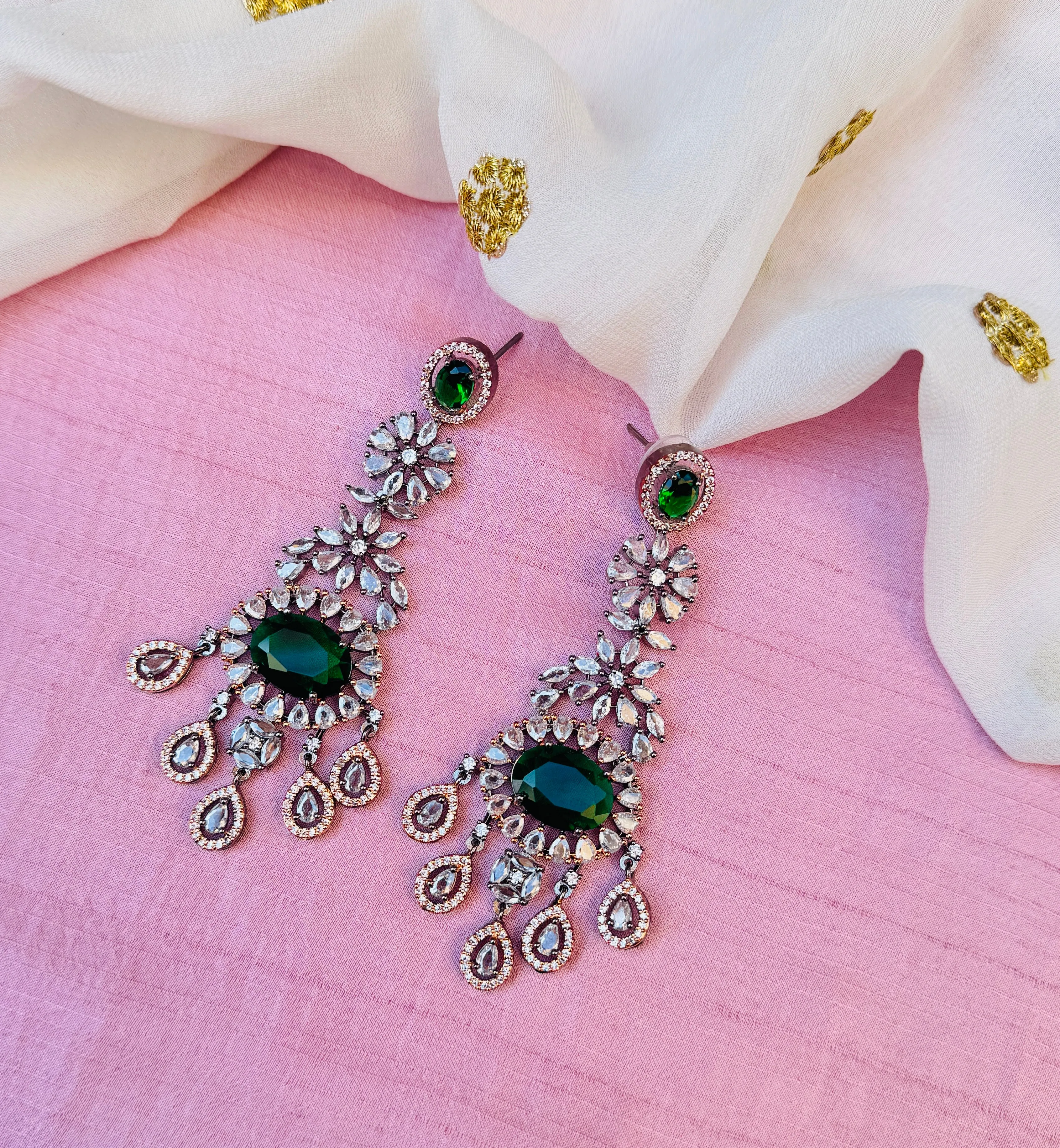 Traditional American Diamond Rose Gold Dangler Earrings in Green Color For Women & Girls.