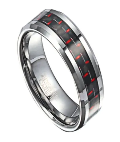 Tungsten Wedding Ring with Black and Red Carbon Fiber Inlay | 8mm