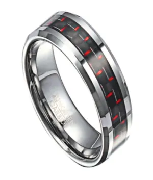 Tungsten Wedding Ring with Black and Red Carbon Fiber Inlay | 8mm