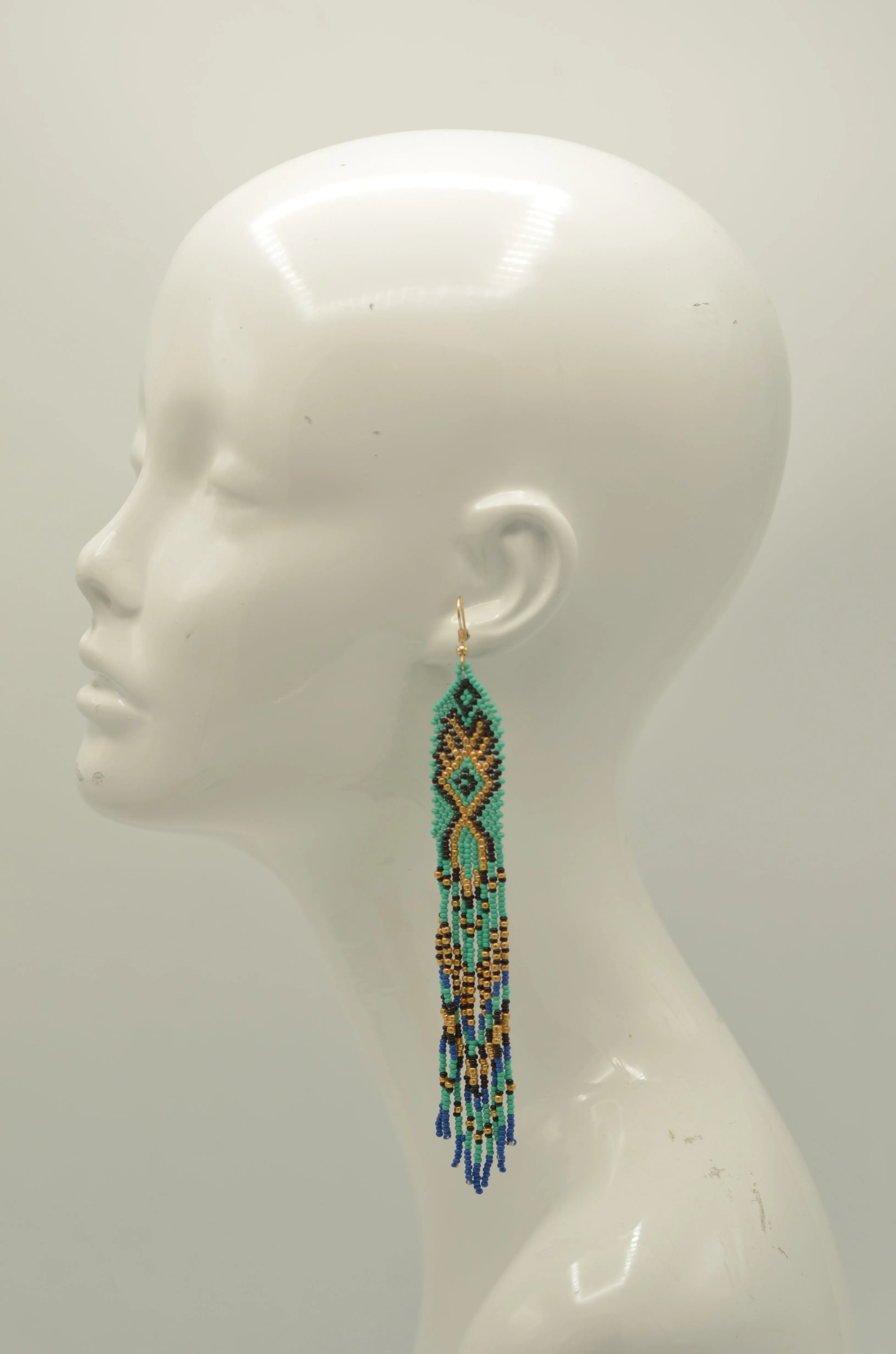 Turquoise, Black, Blue, and Gold Bohemian Seed Bead Long Tassel Earrings#ER-1142