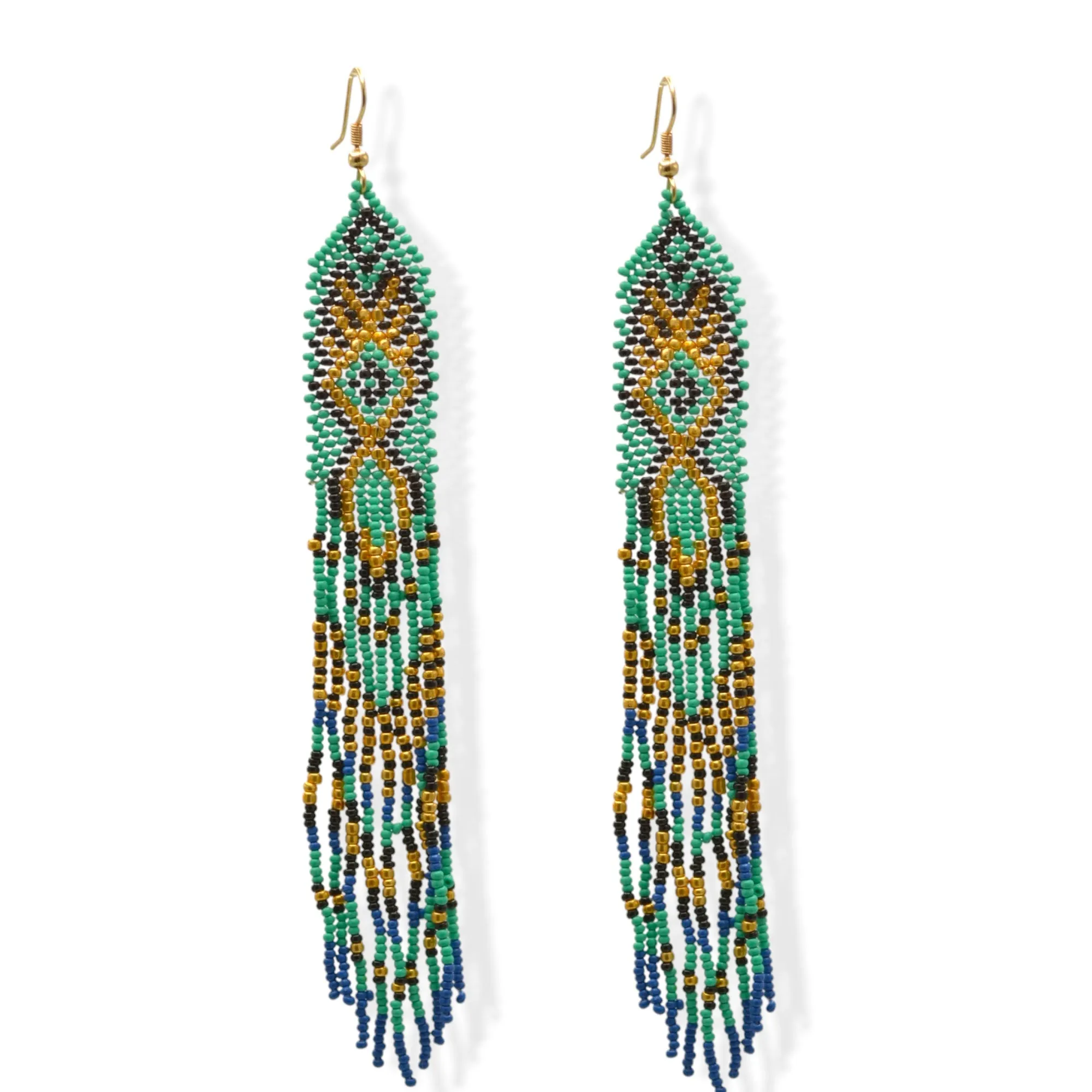 Turquoise, Black, Blue, and Gold Bohemian Seed Bead Long Tassel Earrings#ER-1142