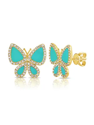 Turquoise Butterfly Diamond Stud Earrings 14K