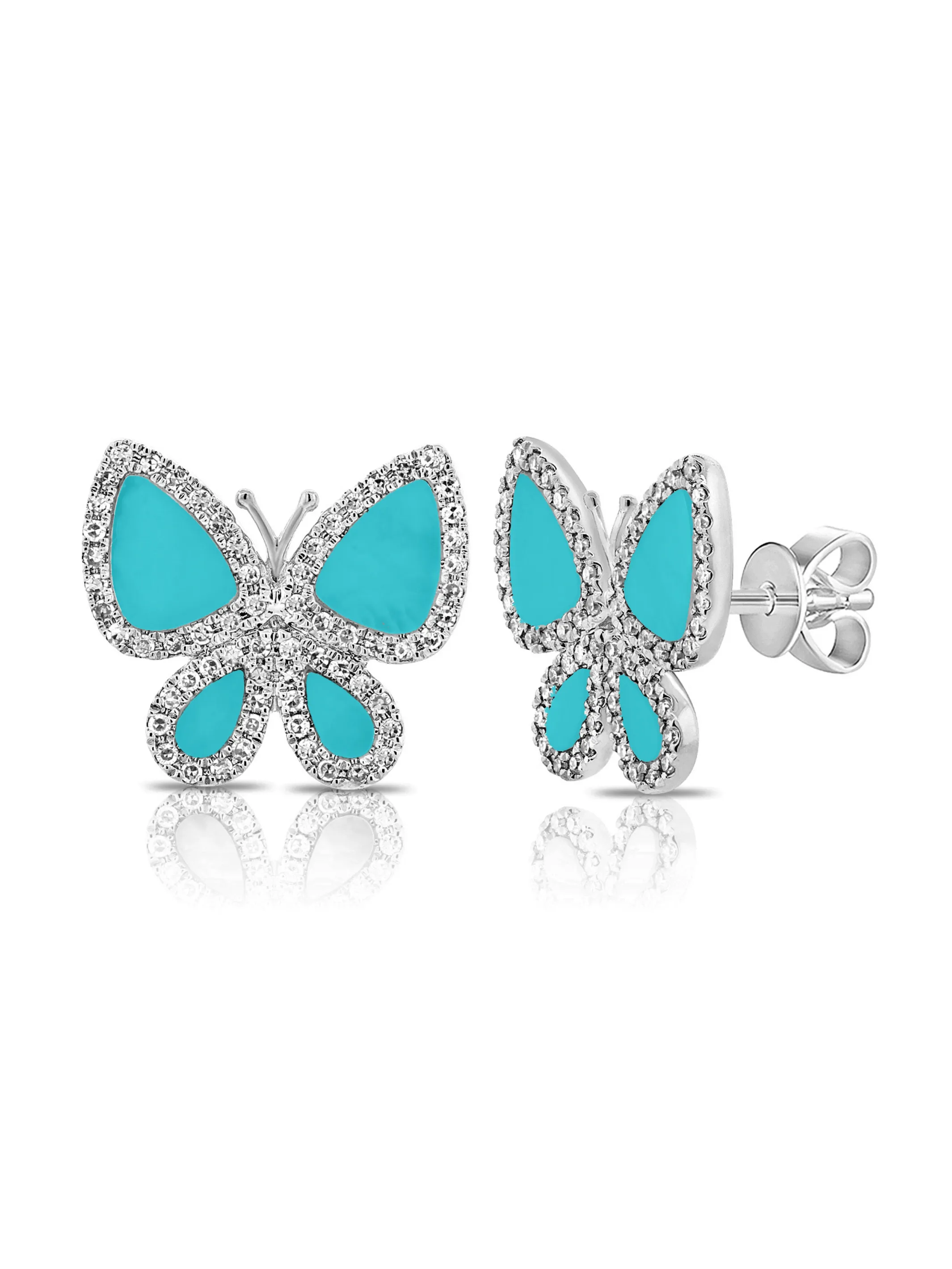 Turquoise Butterfly Diamond Stud Earrings 14K