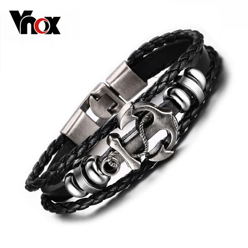 Vintage Anchor Black Leather Charm Bracelets