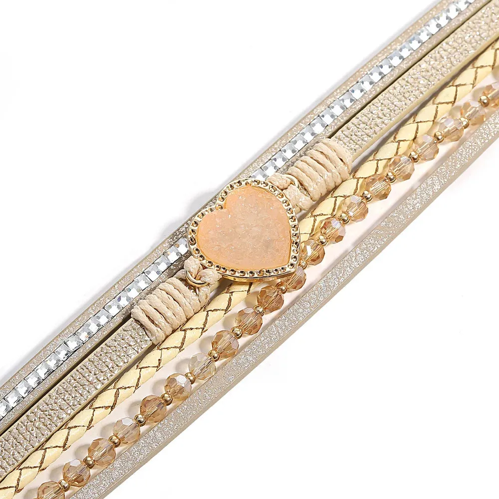 'Vintage' Beads and Heart Charm Bracelet - brown