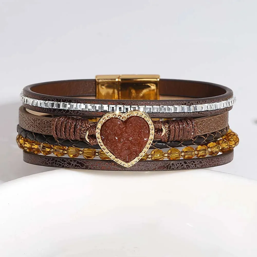 'Vintage' Beads and Heart Charm Bracelet - brown