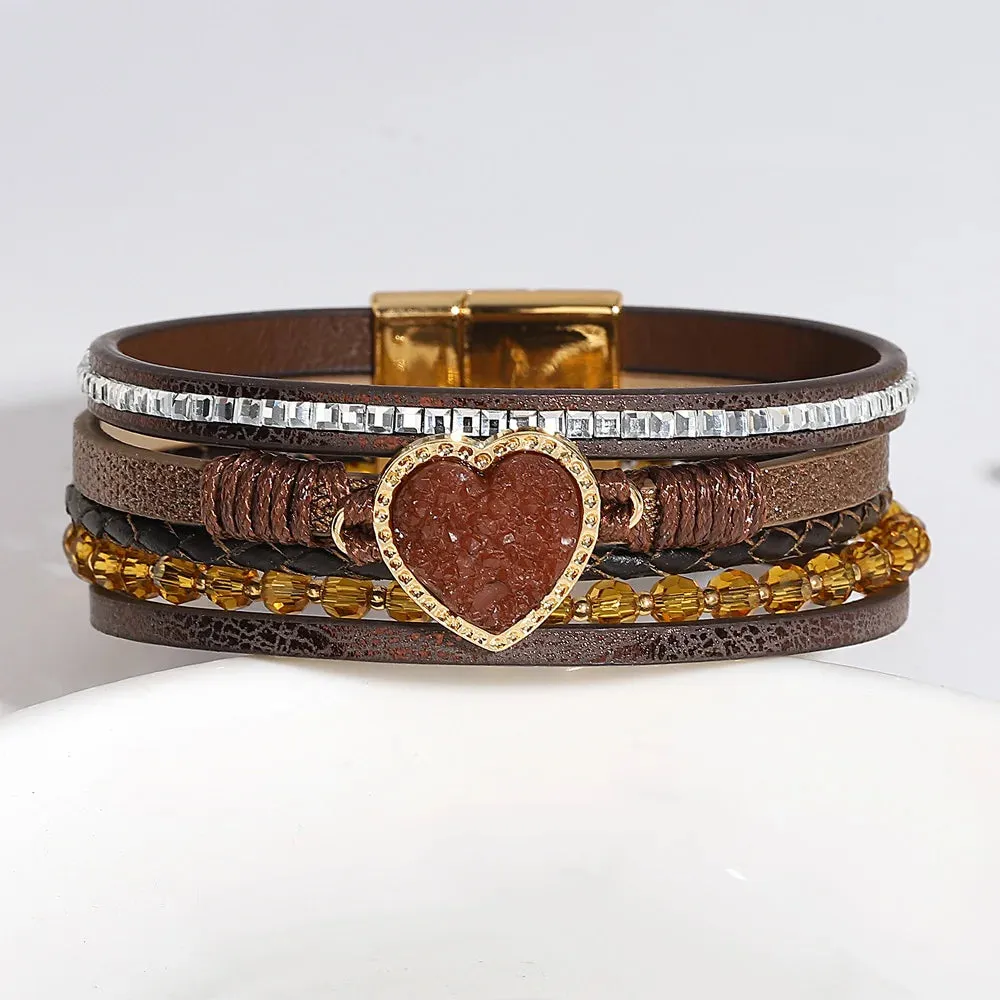 'Vintage' Beads and Heart Charm Bracelet - brown