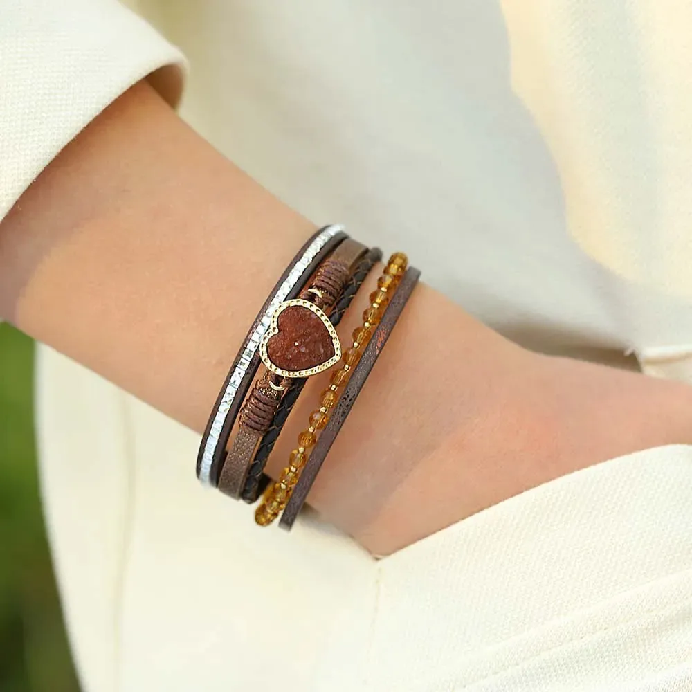 'Vintage' Beads and Heart Charm Bracelet - brown