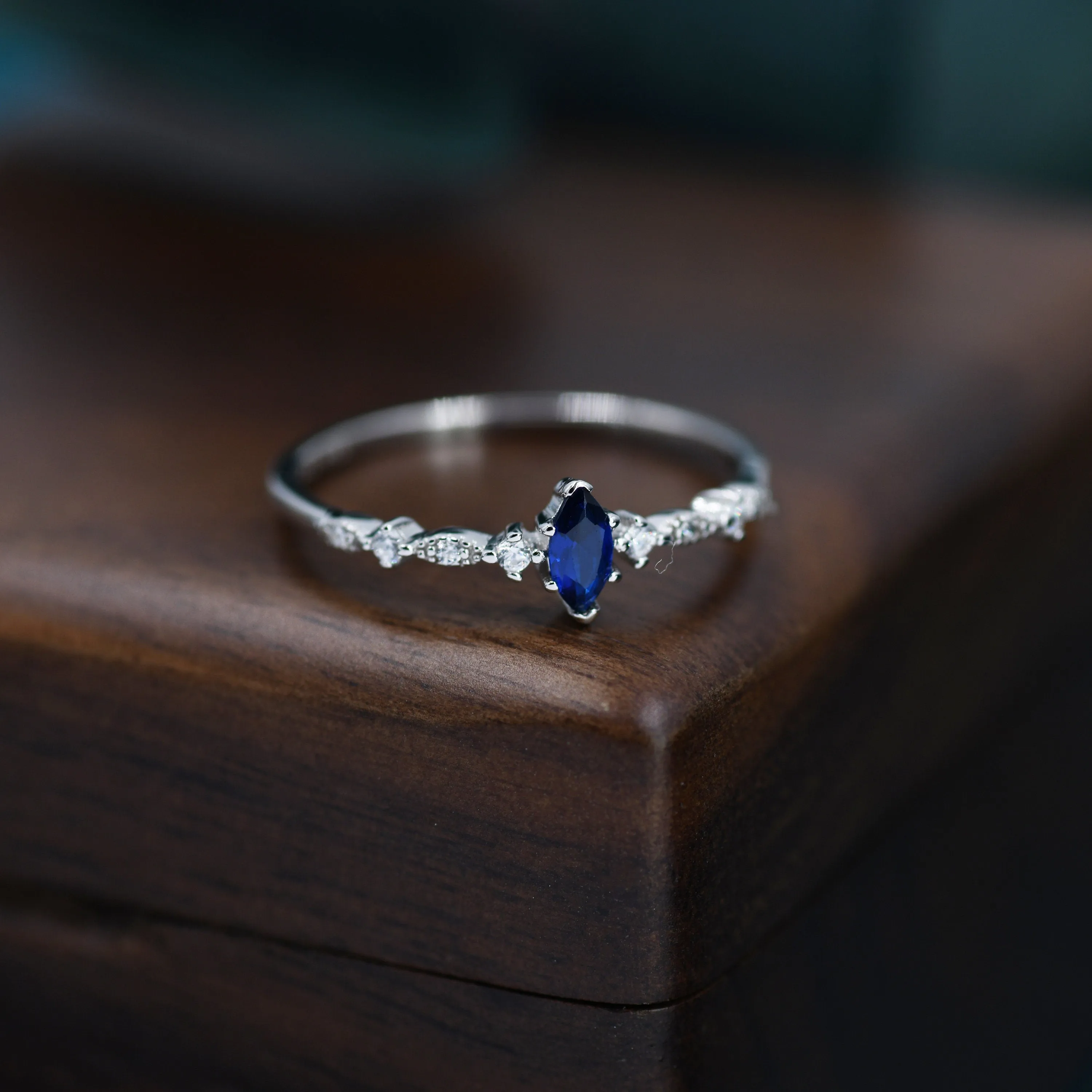 Vintage Inspired Sapphire Blue CZ Ring in Sterling Silver, Marquise Ring, Delicate Sapphire Ring, Size US 5 - 8