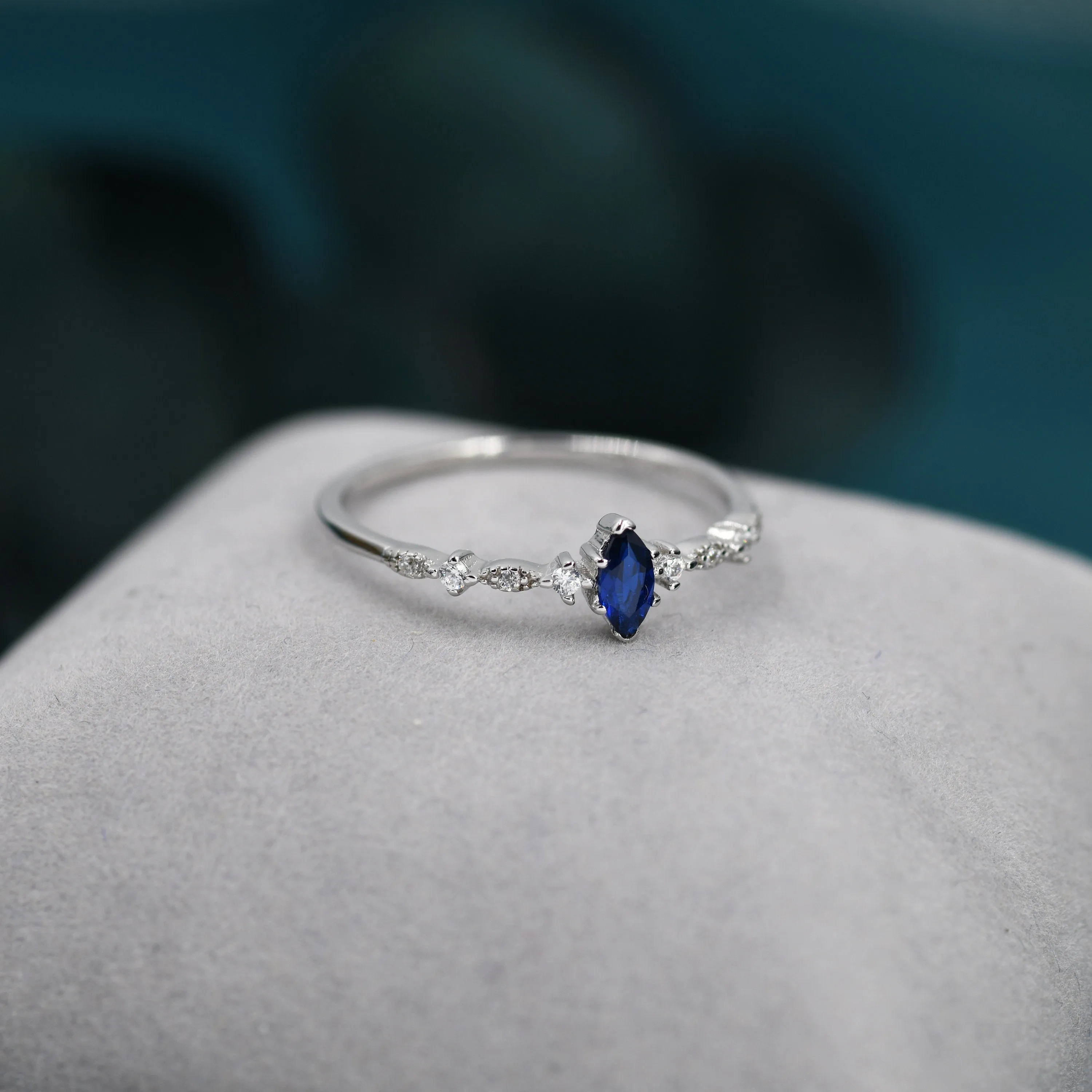 Vintage Inspired Sapphire Blue CZ Ring in Sterling Silver, Marquise Ring, Delicate Sapphire Ring, Size US 5 - 8