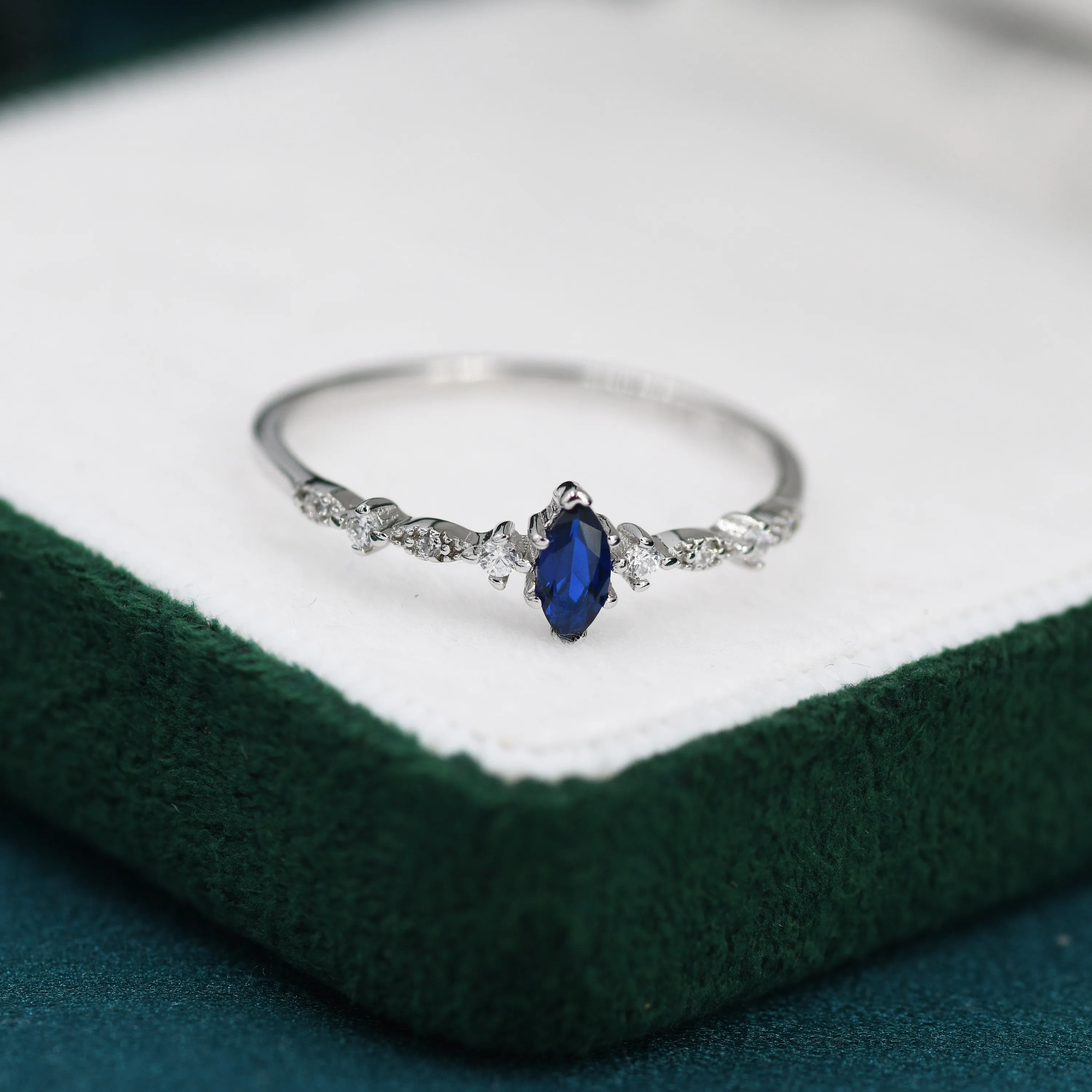 Vintage Inspired Sapphire Blue CZ Ring in Sterling Silver, Marquise Ring, Delicate Sapphire Ring, Size US 5 - 8