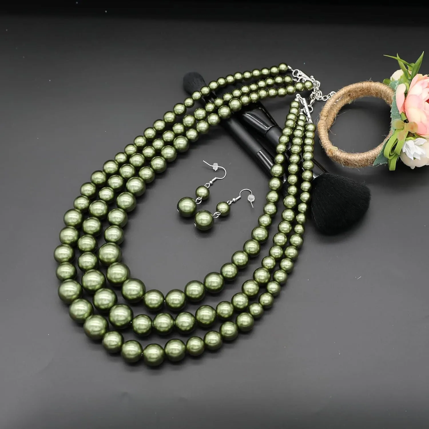 We We Three Layers Faux Pearl Necklace for Women Multi strand Pearl Necklace Earrings Set 1920s Pearl Costume Jewelry