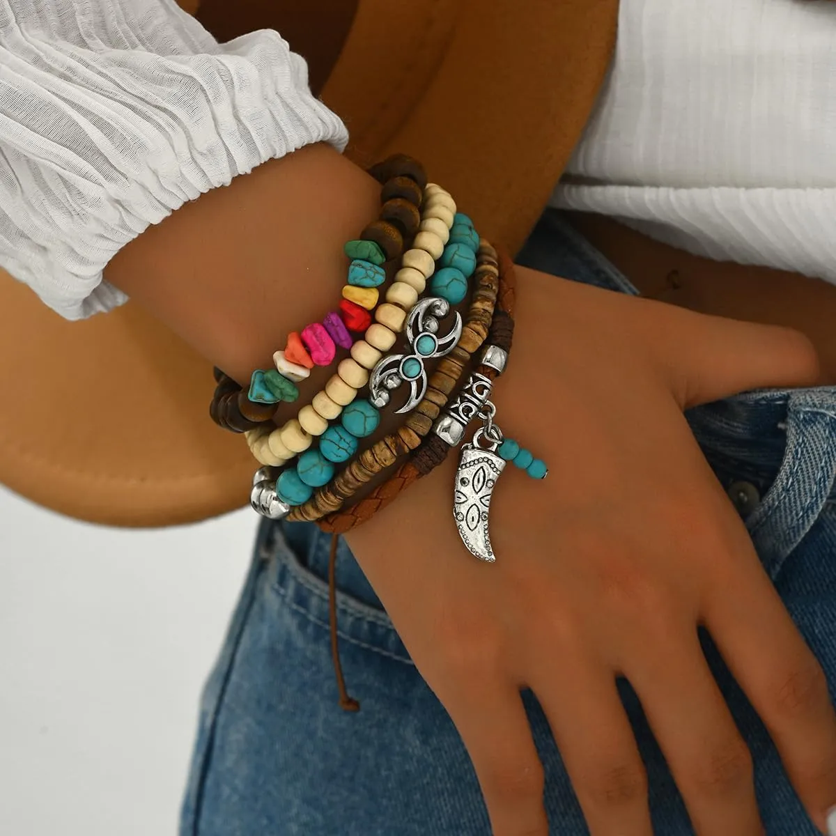Western Bracelets for Women Cowgirl Turquoise Beaded Stretch Bracelets Vintage Turquoise Beaded Western Jewelry Bohemian Stackable Bracelet Country Concert Cowgirl Dresses Accessories