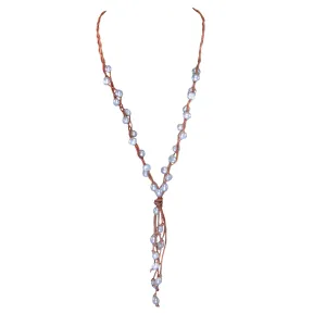 White Freshwater Pearl & Tan Leather 'Warrior' Lariat