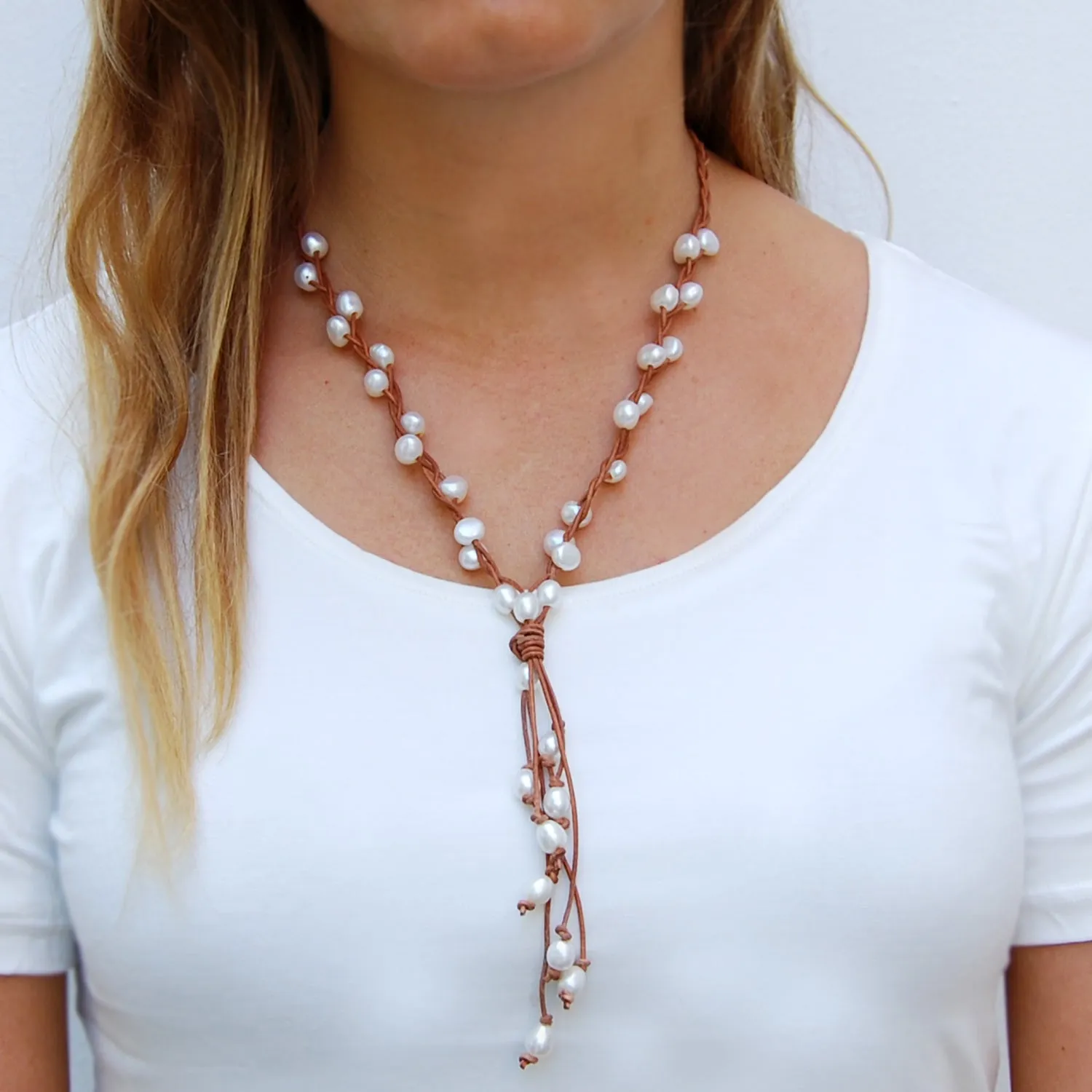White Freshwater Pearl & Tan Leather 'Warrior' Lariat