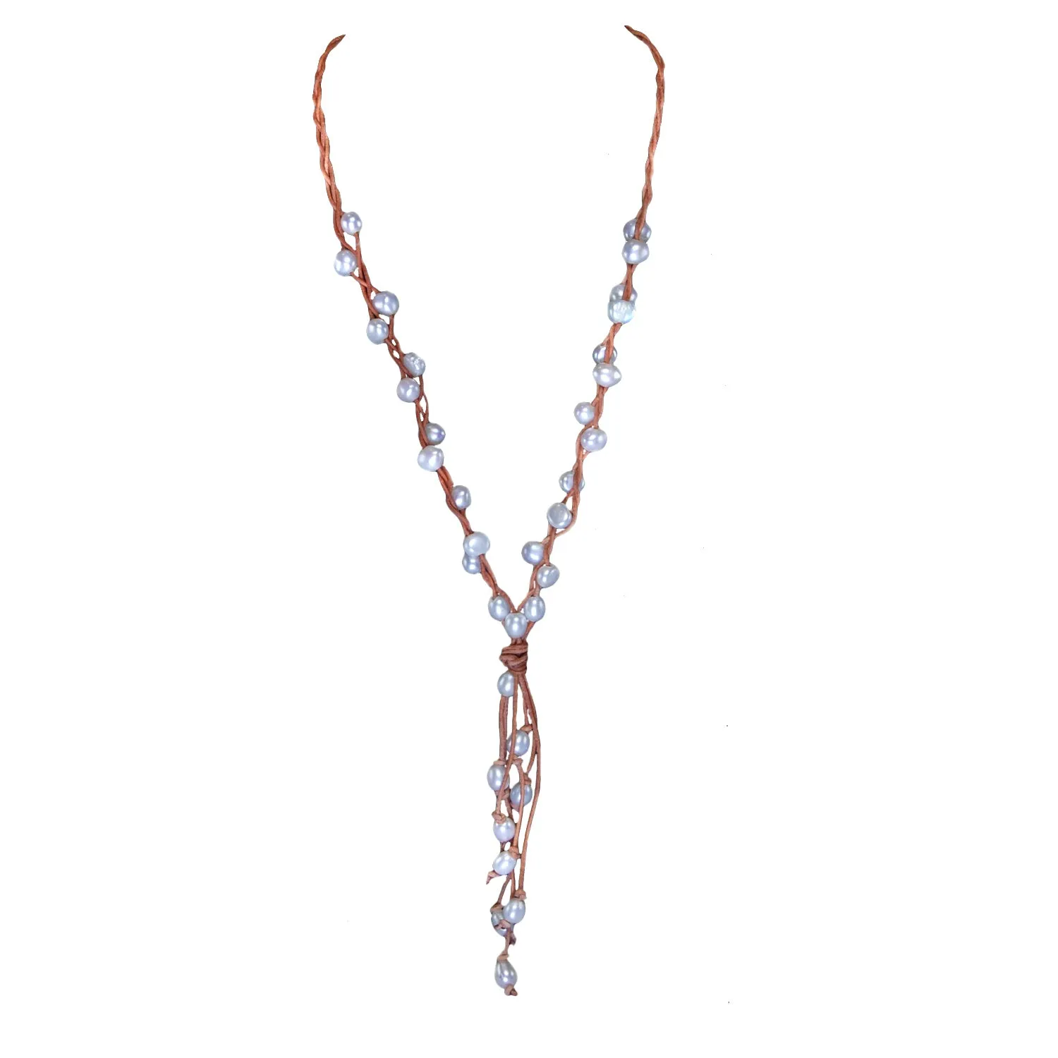 White Freshwater Pearl & Tan Leather 'Warrior' Lariat