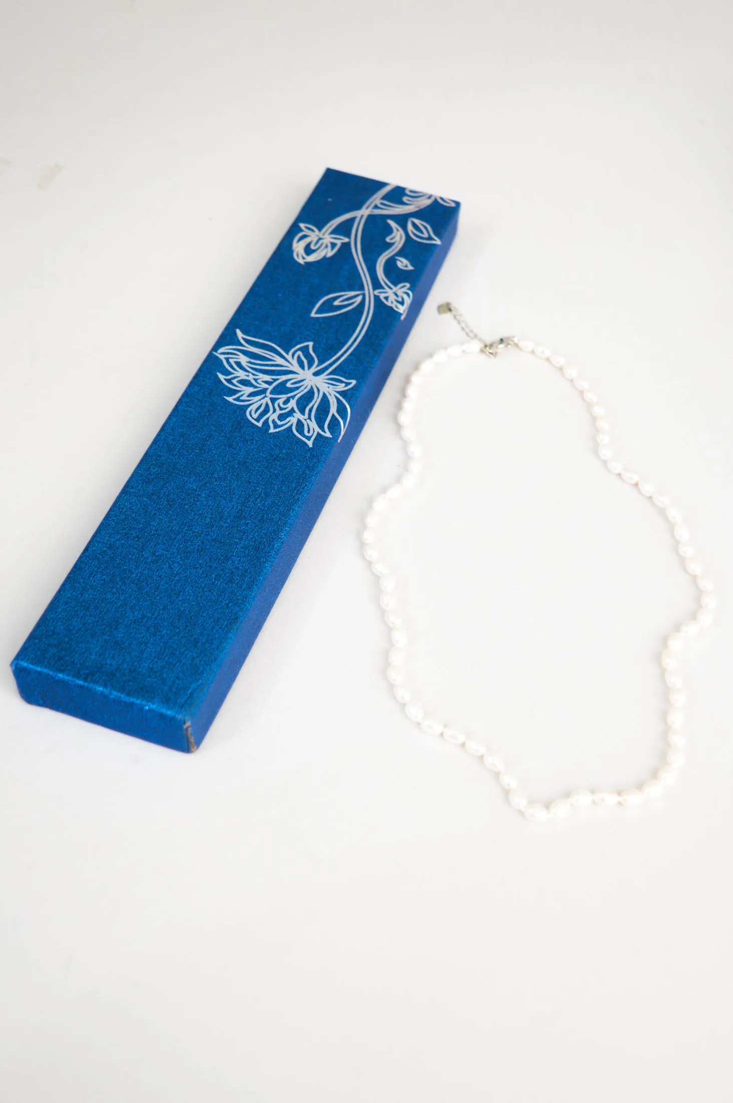White Pearl Necklace with Blue Gift Box