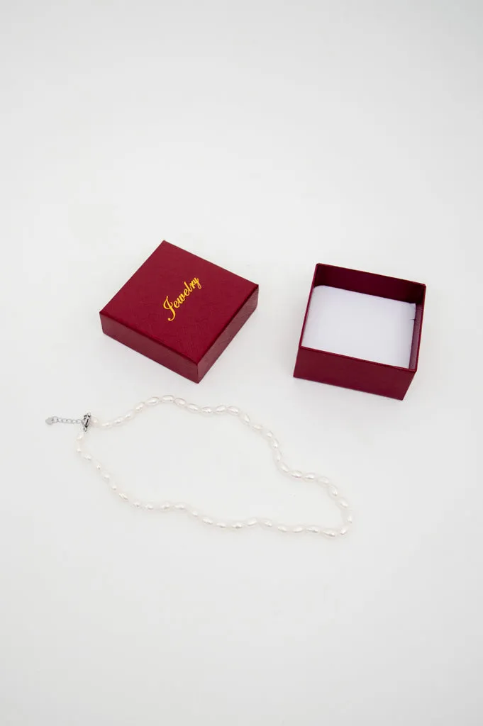 White Pearl Necklace with Crimson Red Gift Box