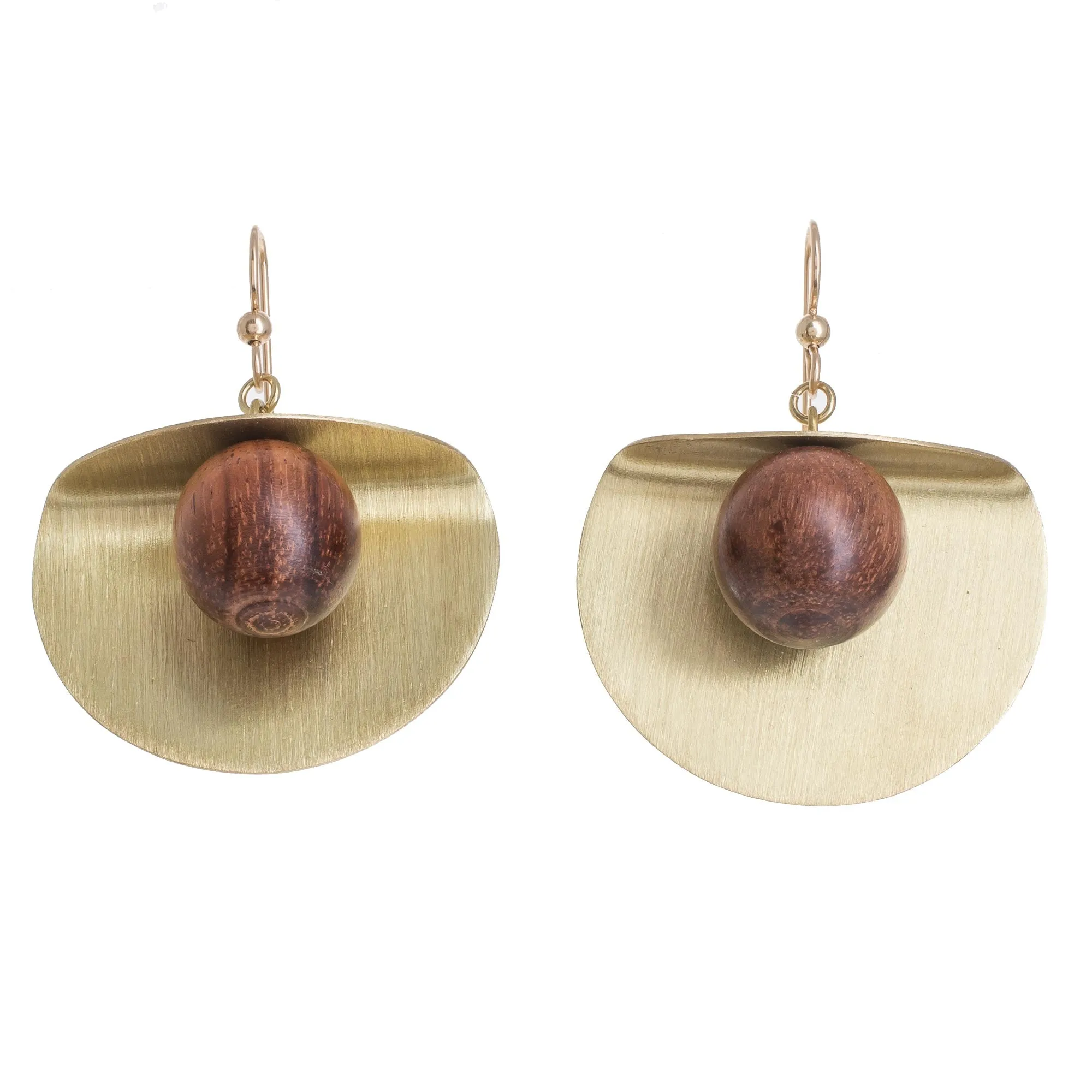 Winking Moon in Brass Brass and Wood Bead Dangle Earrings with 18K Gold Hooks