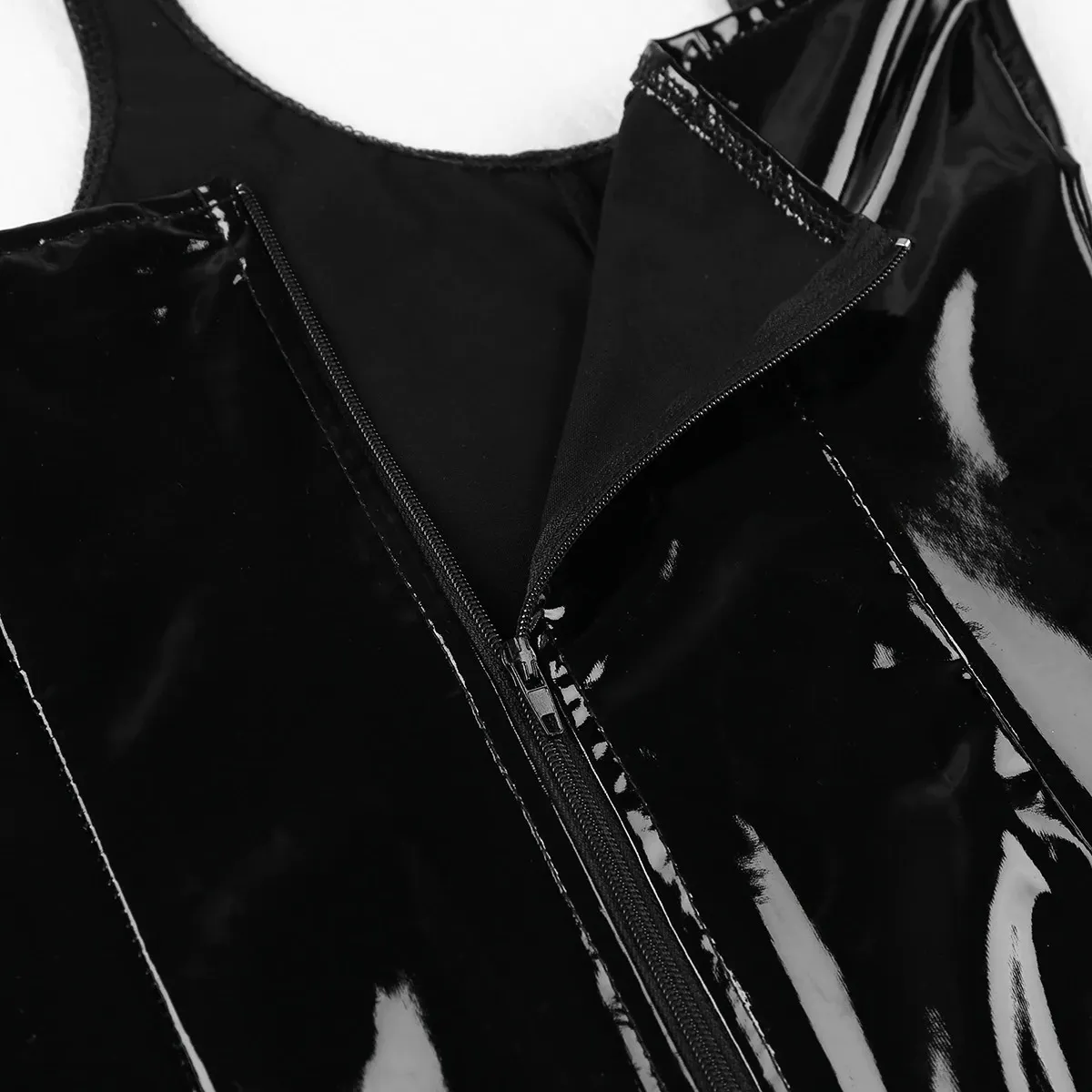 Women's Erotic Shiny Halter Dress with Chains / PU Leather Black Bodycon Dress with Open Bust