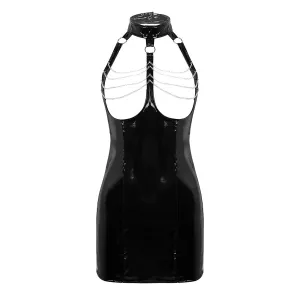 Women's Erotic Shiny Halter Dress with Chains / PU Leather Black Bodycon Dress with Open Bust